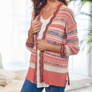 Soft Surroundings Medium Artist Coral Stripe Scallop Open Crochet Knit Cardigan